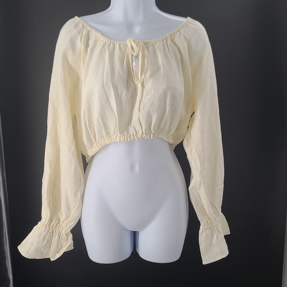 Weworewhat Linen crop resort wear puffy sleeve milkmaid tie front top Sze Small - Picture 2 of 6